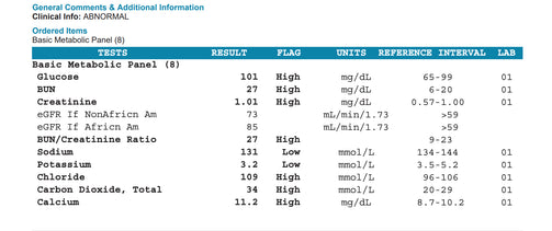 BMP Basic Metabolic Panel - Sample ABNORMAL Report