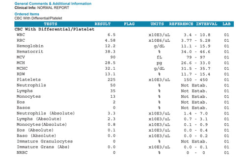 CBC w differential - SAMPLE REPORT OF NORMAL RESULT