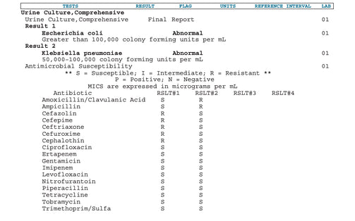Urine Culture with Antibiotic Sensitivities - Sample ABNORMAL Report