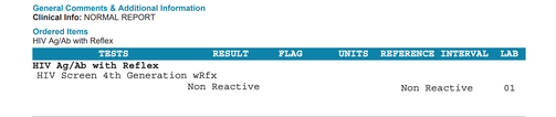 HIV 1 & 2 Screen - SAMPLE REPORT OF NORMAL RESULT